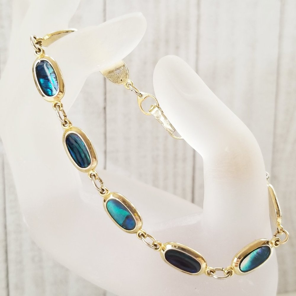Vintage Blue Green Abalone Shell Gold Tone - Picture 2 of 3
